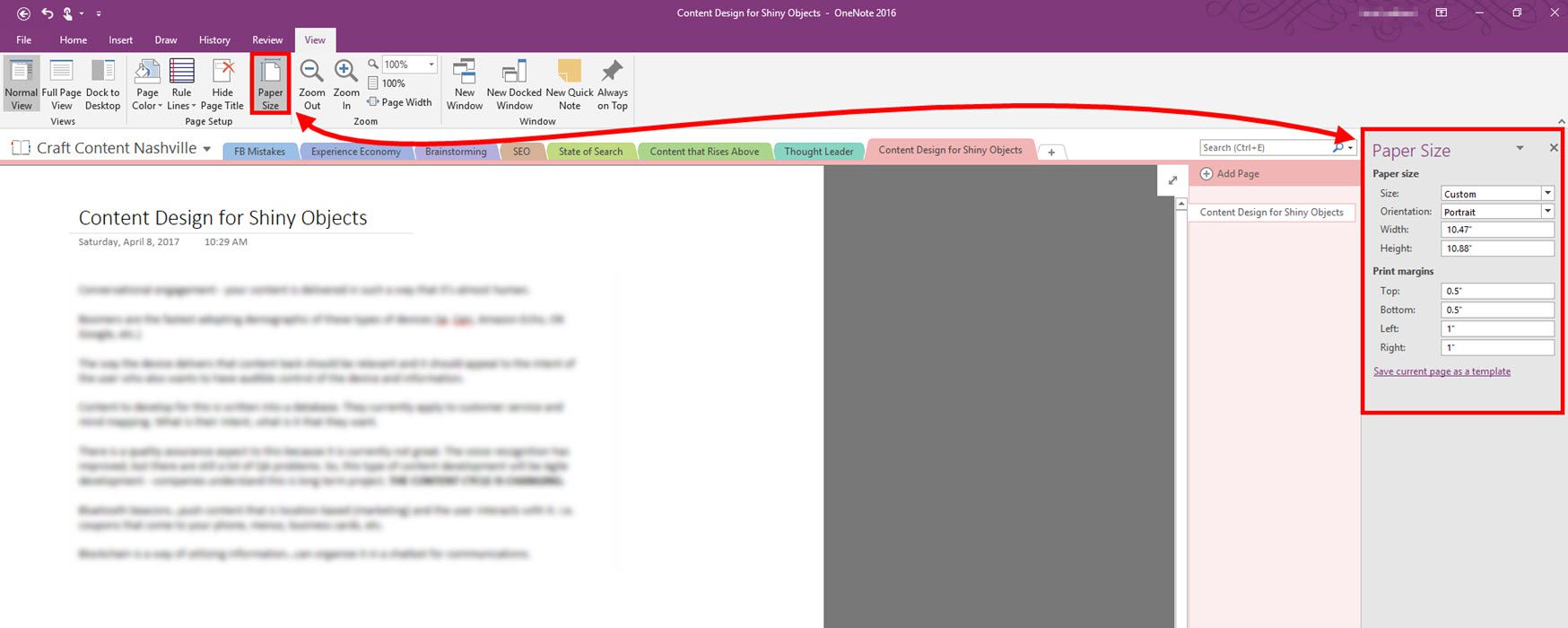 Microsoft OneNote 2016 skärmdump som visar hur man ändrar standardpappersstorlek i Notes.