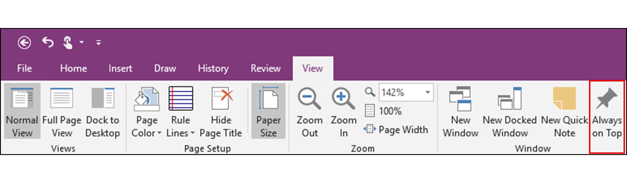 Skärmdump av OneNote 2016-menyn med Always on Top markerad.