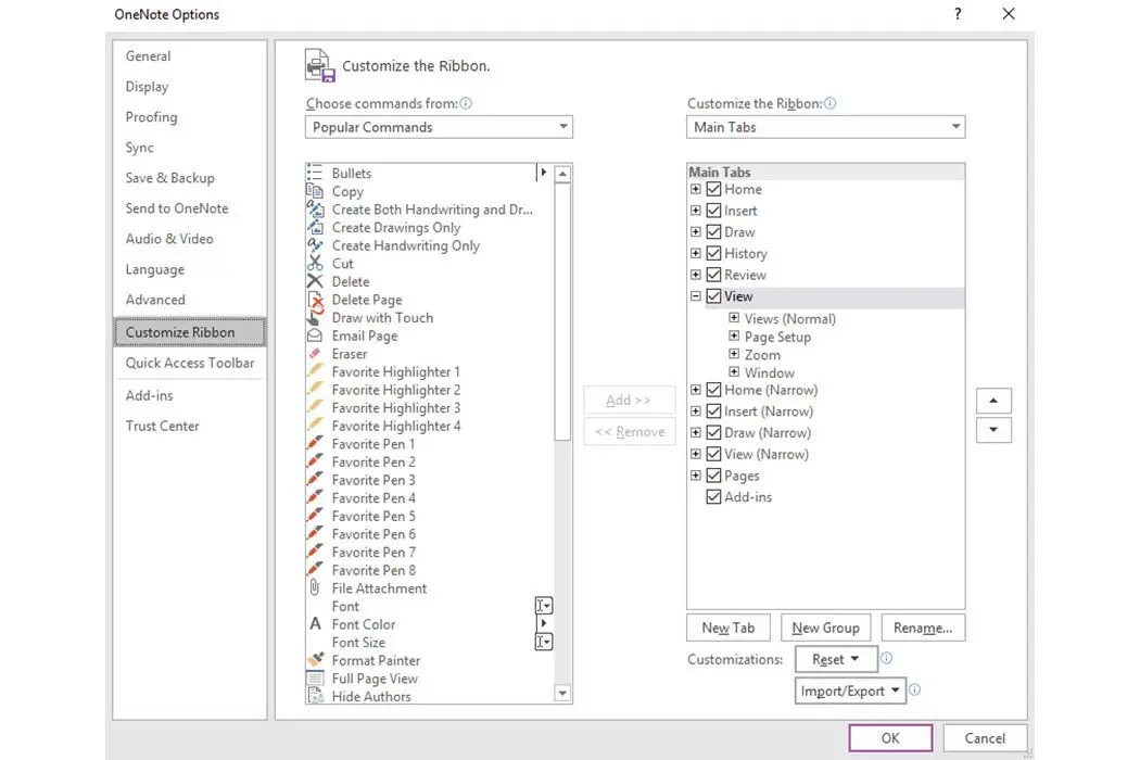 Skärmdump med anpassningsalternativ för menyfliksområdet för OneNote 2016.