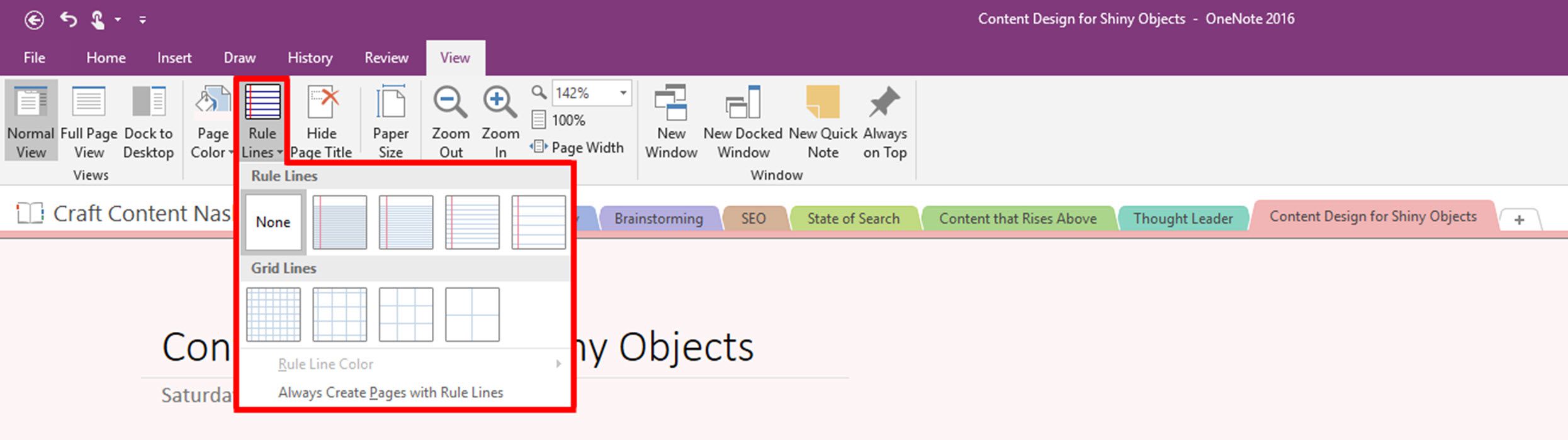 Anpassa regelrader som visas på sidor i Microsoft OneNote 2016.