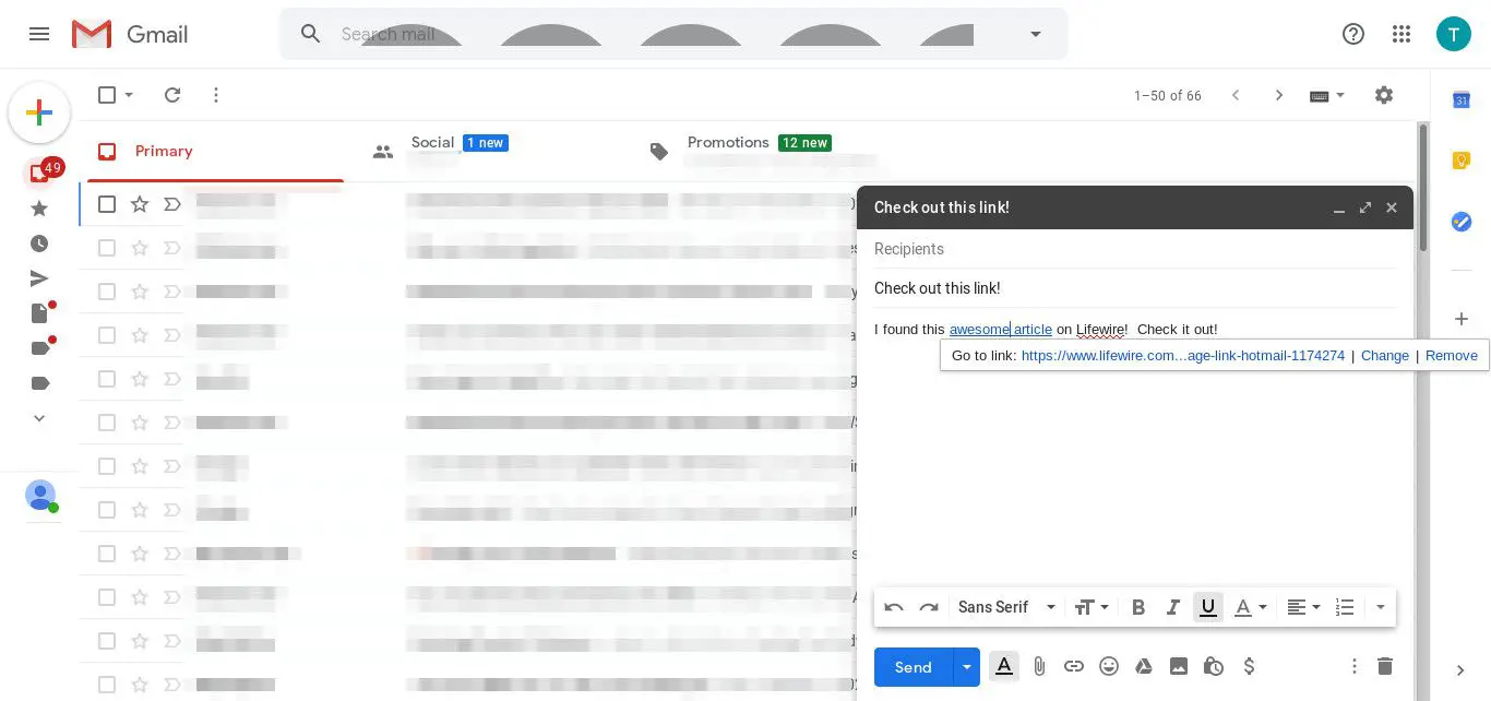 Gmail-meddelande med URL tillagd