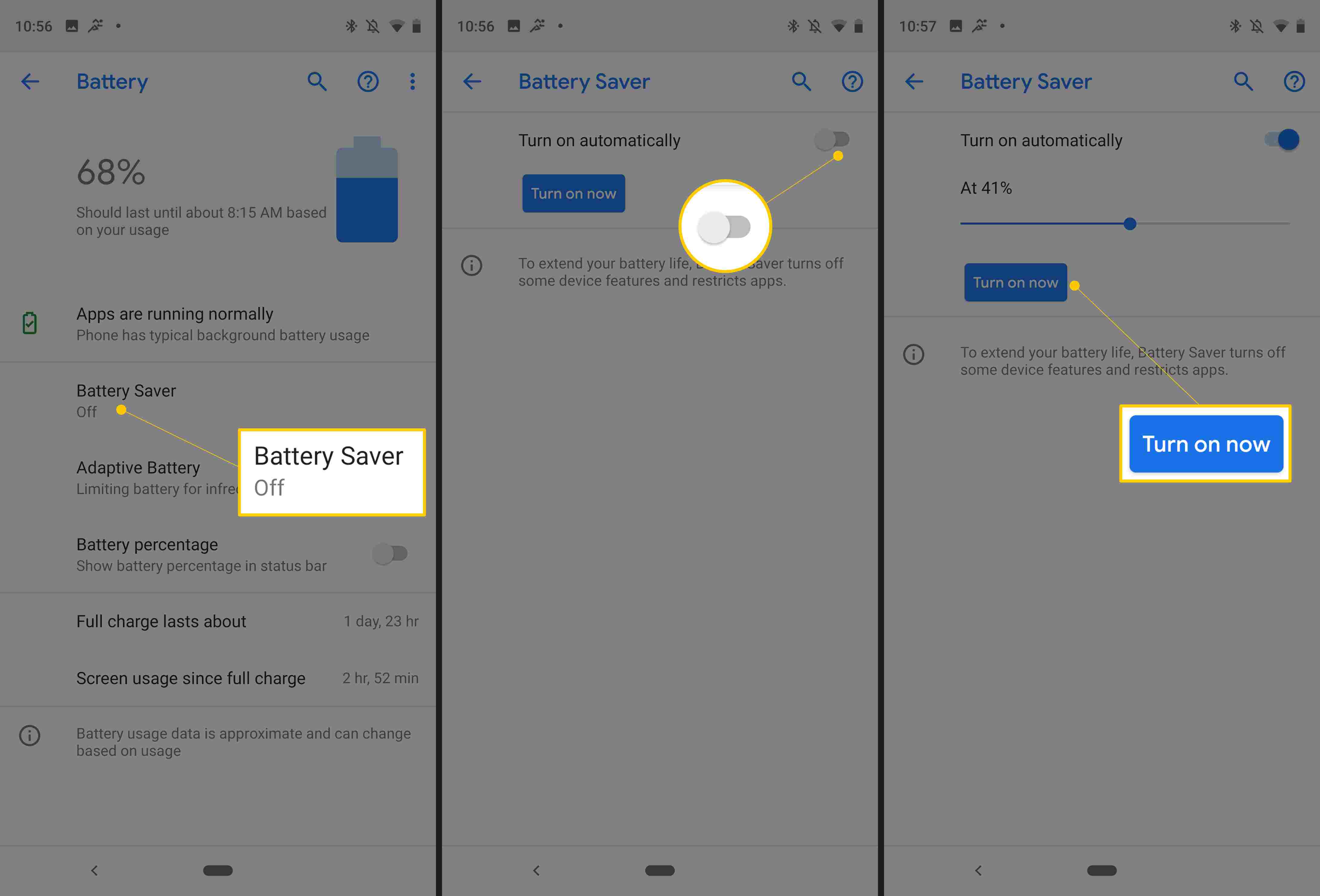Batterisparläge, Automatisk växling, Aktivera nu-knapp på Android
