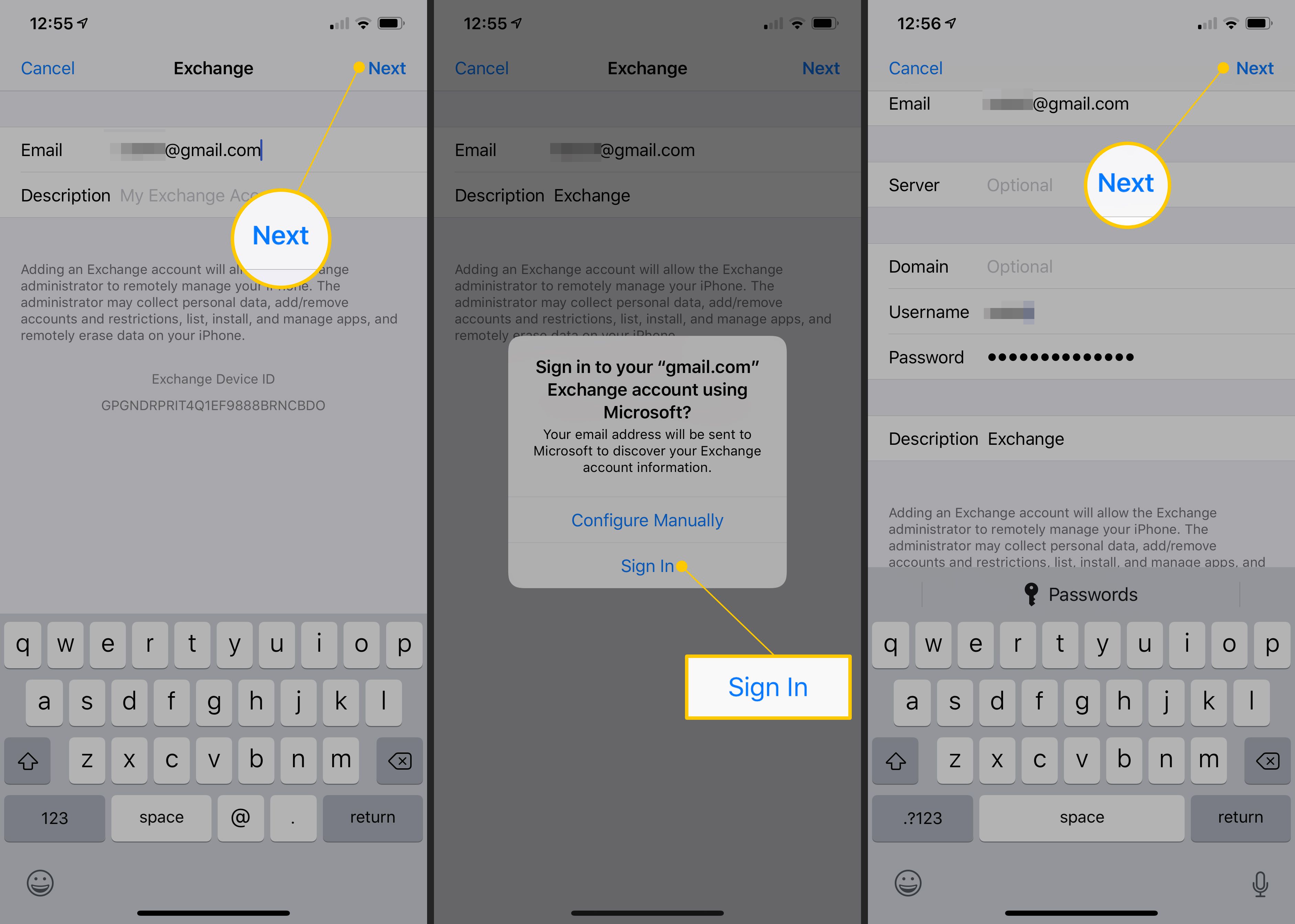 Nästa, Logga in, Nästa knappar i iOS Exchange-inställningar