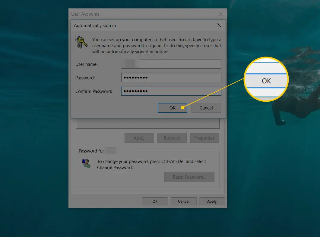OK-knappen i fönstret Logga in automatiskt visas i Windows 10-användarkontopanelen