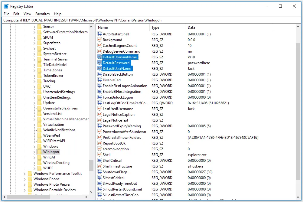 Skärmdump av Windows 10-registret med DefaultDomainName, DefaultUserName och DefaultPassword markerade
