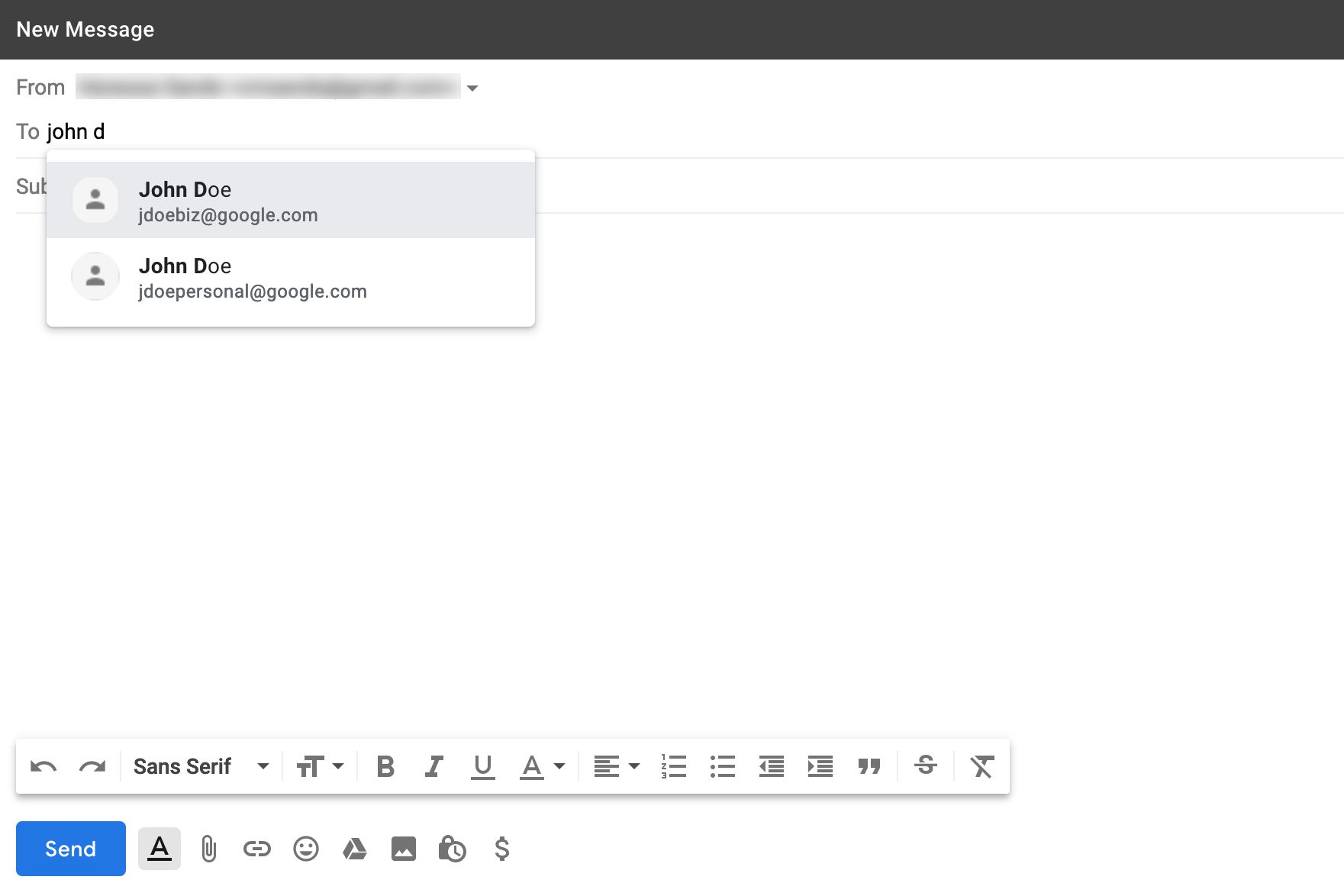 Gmail nytt meddelandefönster med rullgardinsmenyn Till