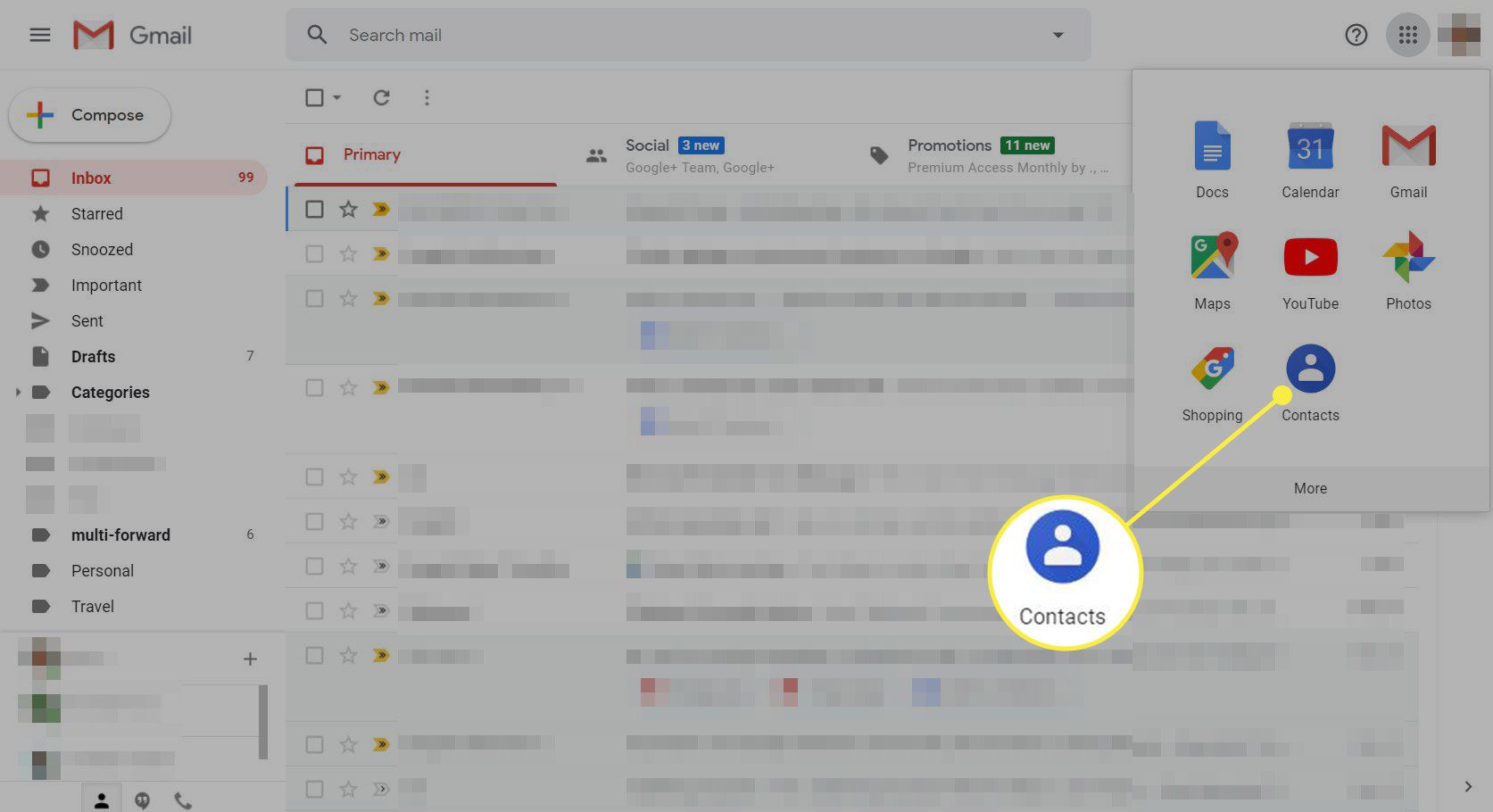 En skärmdump av Gmail med ikonen Kontakter-app markerad
