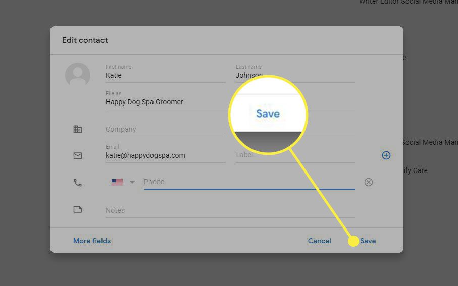 En skärmdump av Gmails skärm Redigera kontakt med Spara-knappen markerad