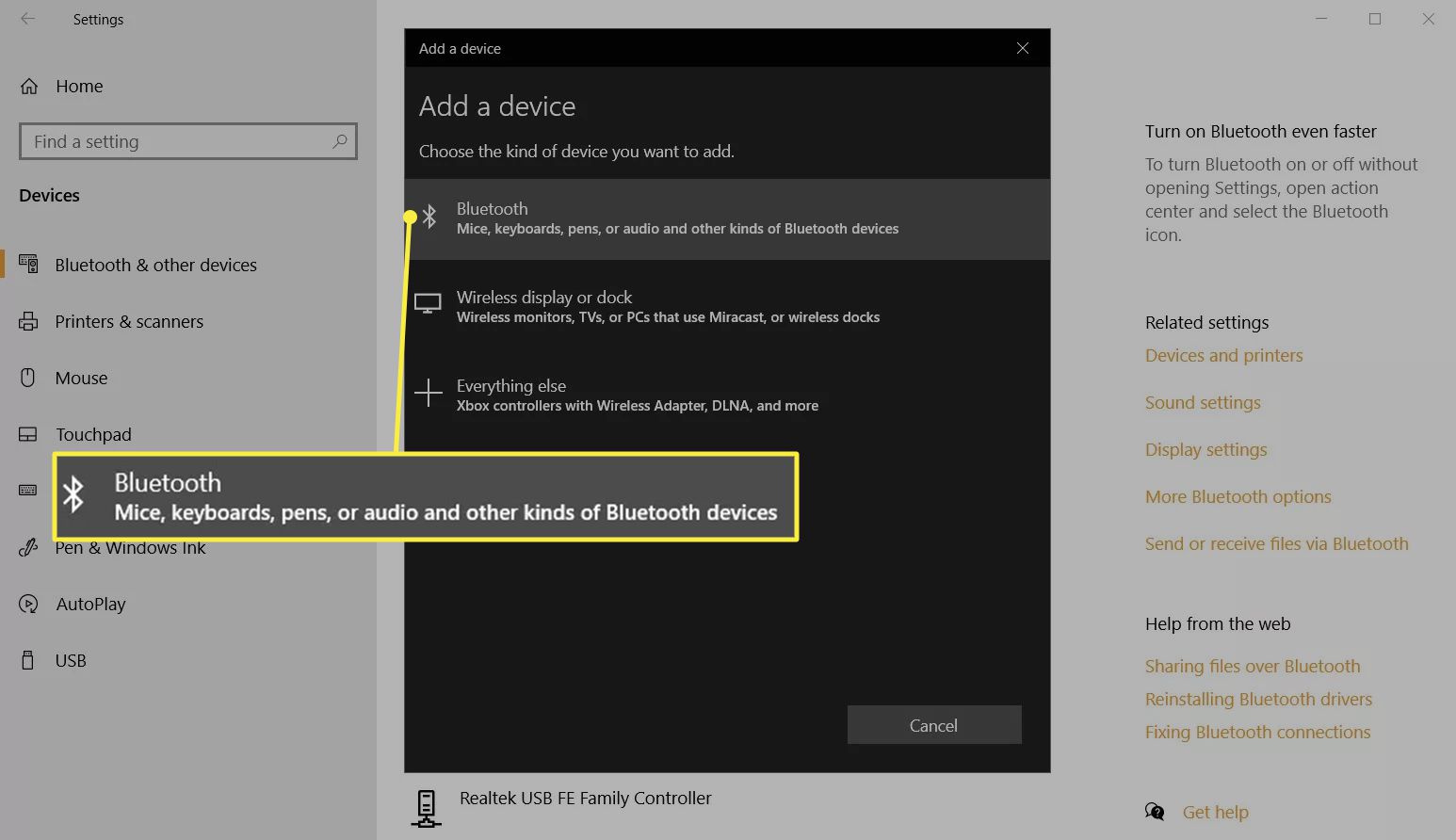 Lägg till en popup-enhet i Windows 10-inställningar för att ansluta Bluetooth-möss 