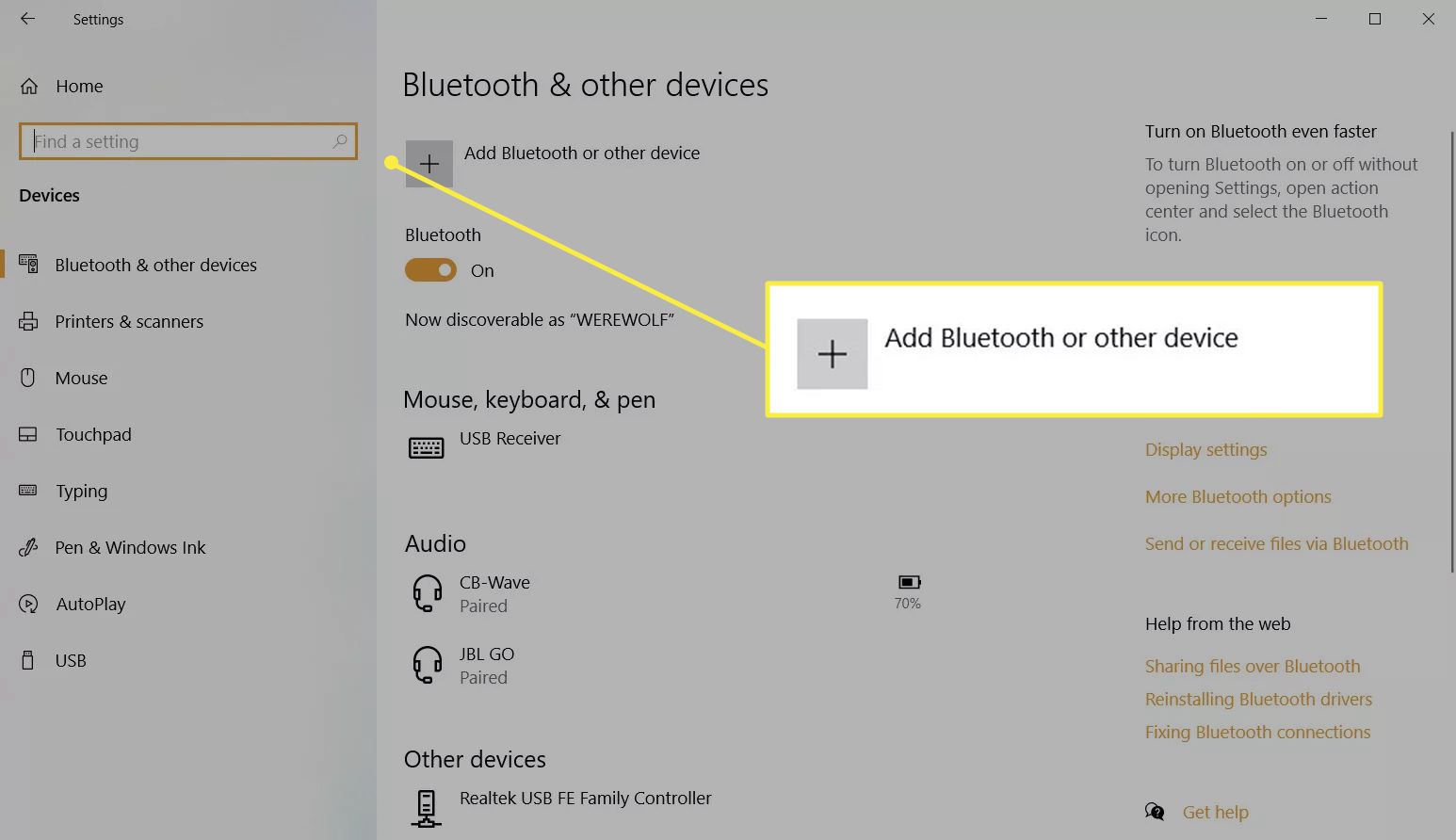 Windows 10 Lägg till Bluetooth eller annan enhet markerad