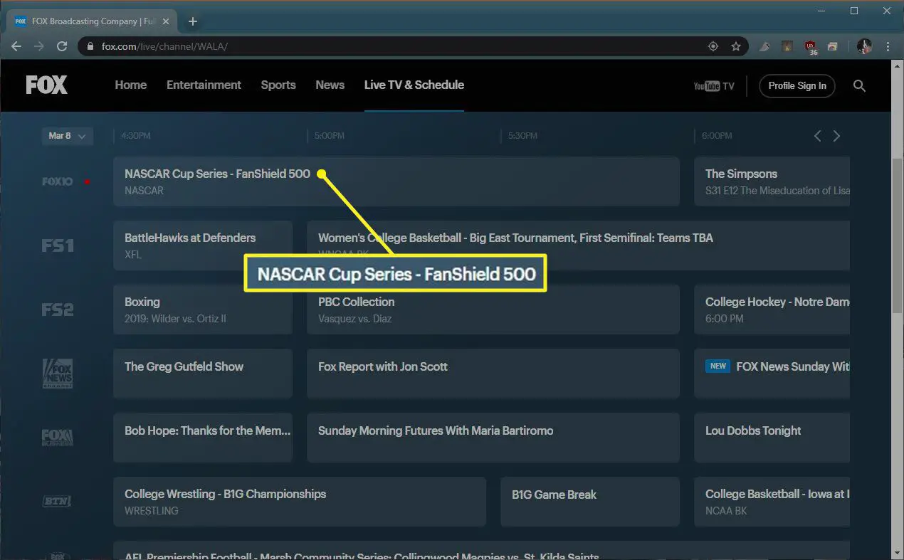 Fox.com tv-guide med NASCAR-evenemang markerat
