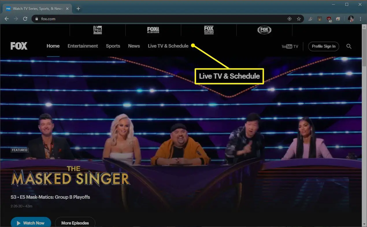 Fox.com med Live TV & Schema markerat