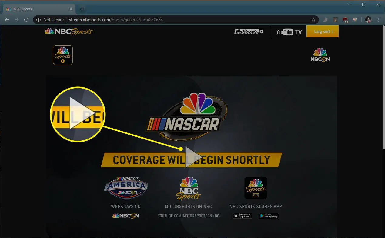 NBCSports.com med uppspelningsknappen markerad