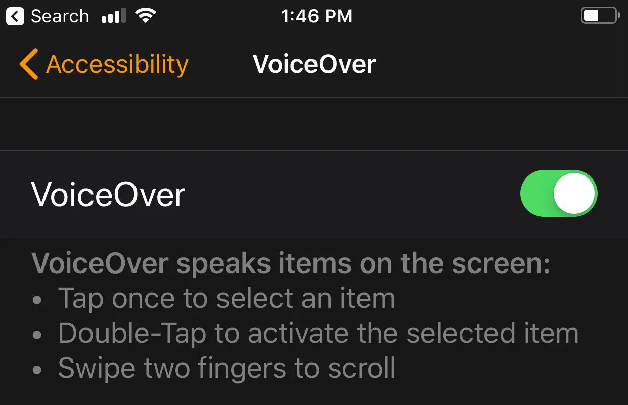 En skärmdump av VoiceOver-inställningarna för Apple Watch.