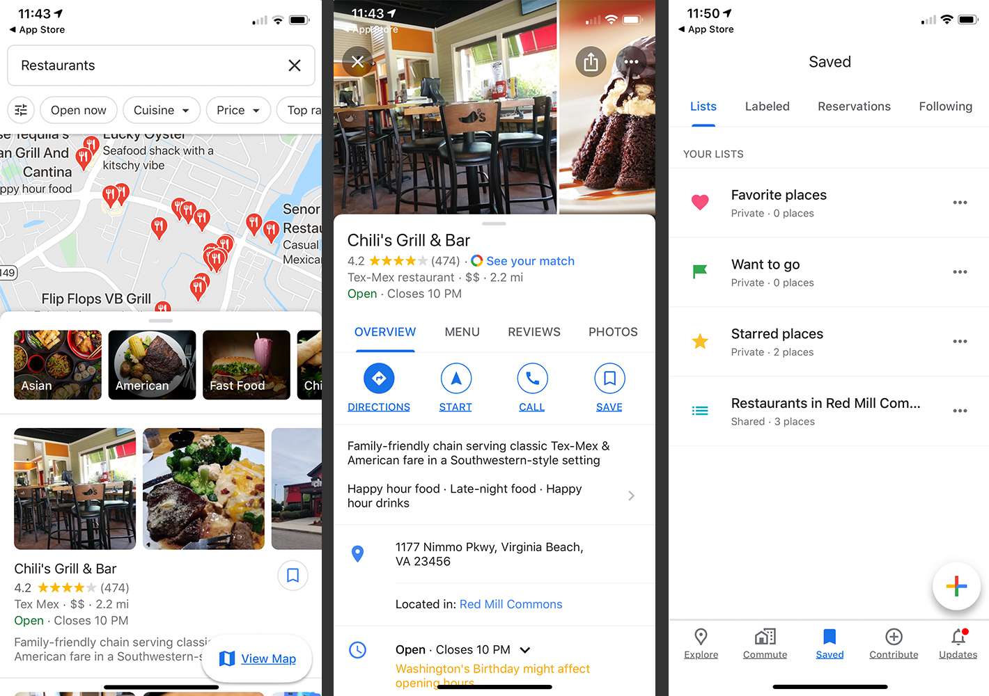 Google Maps-appen som visar restauranger