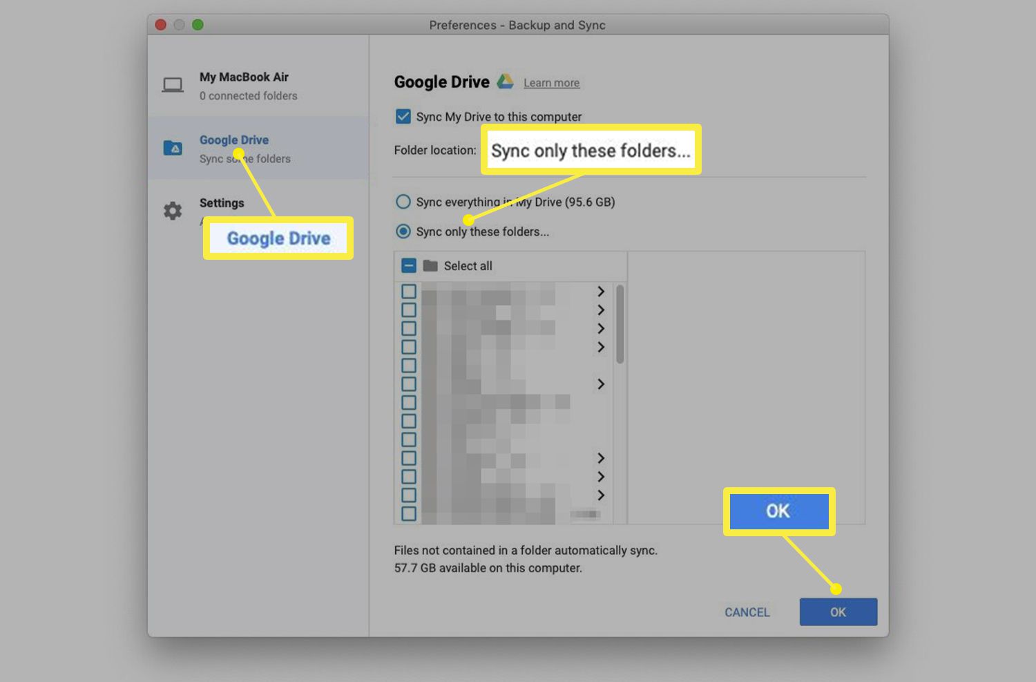 Google Drive-inställningar med Google Drive-mappen markerad