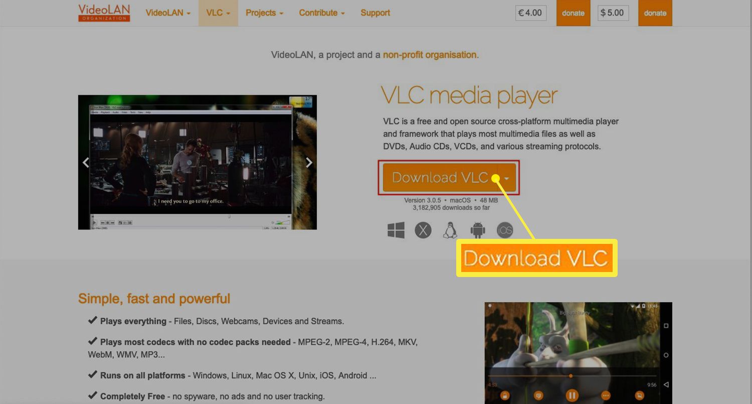 VLC-webbplats med Ladda ner VLC-knapp markerad