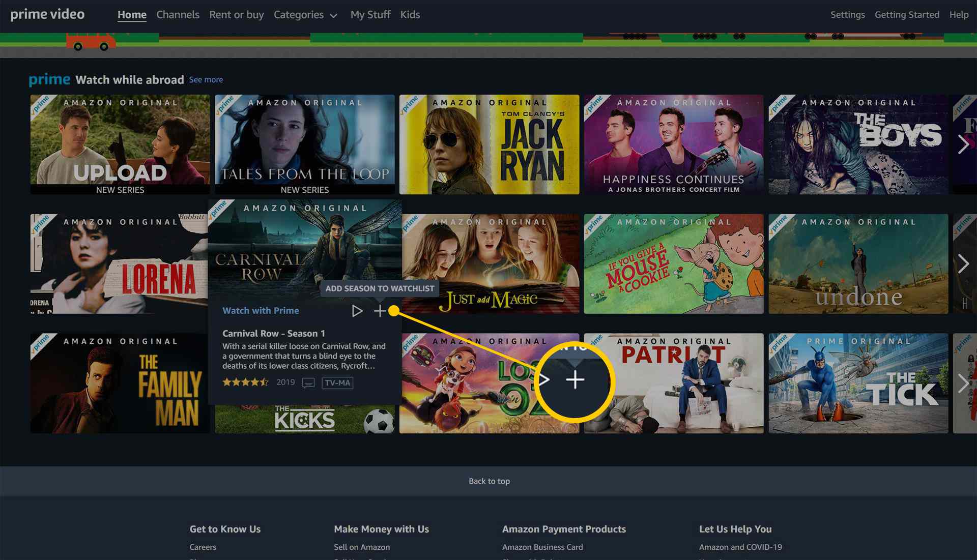 Amazon Prime Video-sida på Amazonas webbplats.