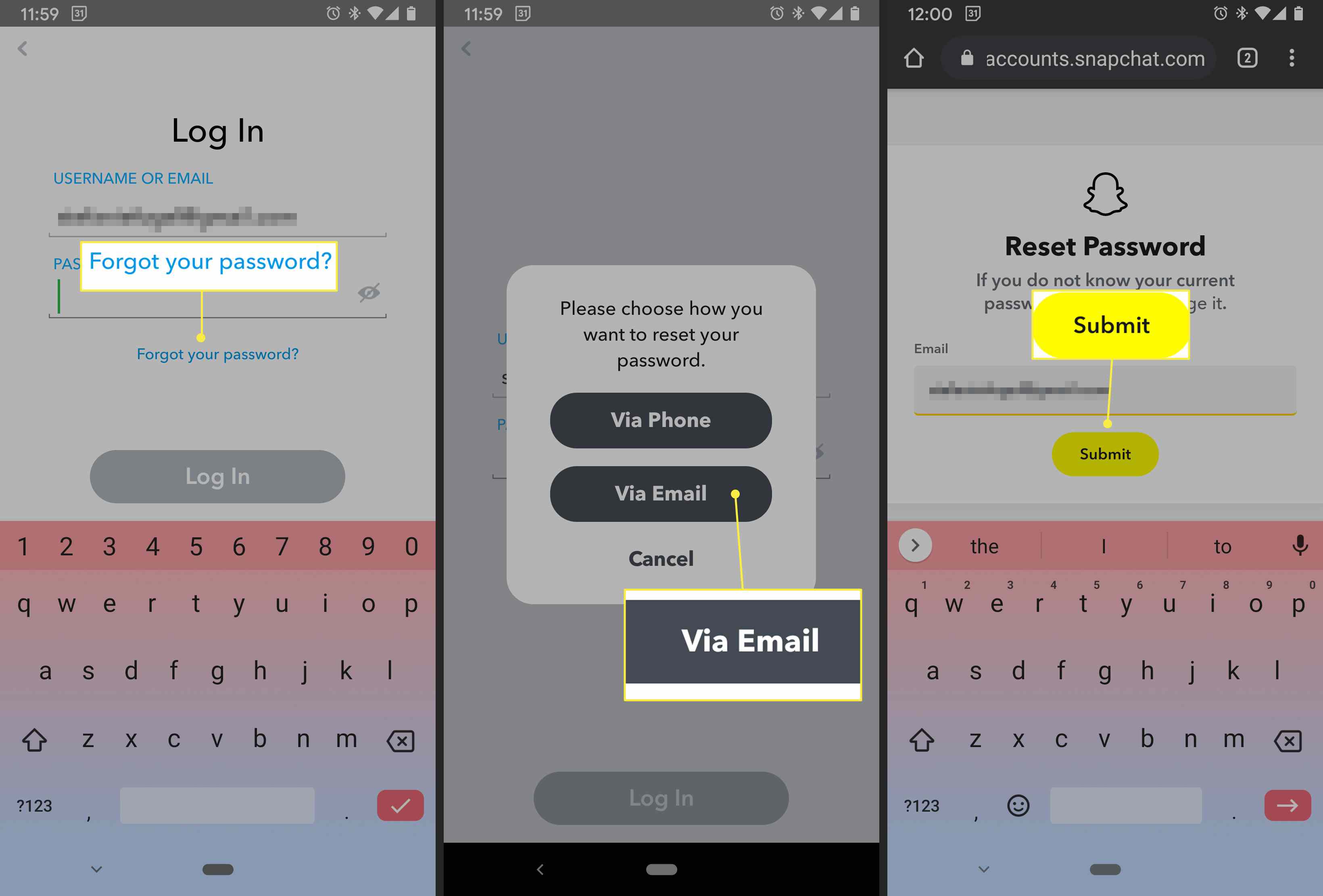 En Snapchat-användare återställer sitt lösenord via e-post