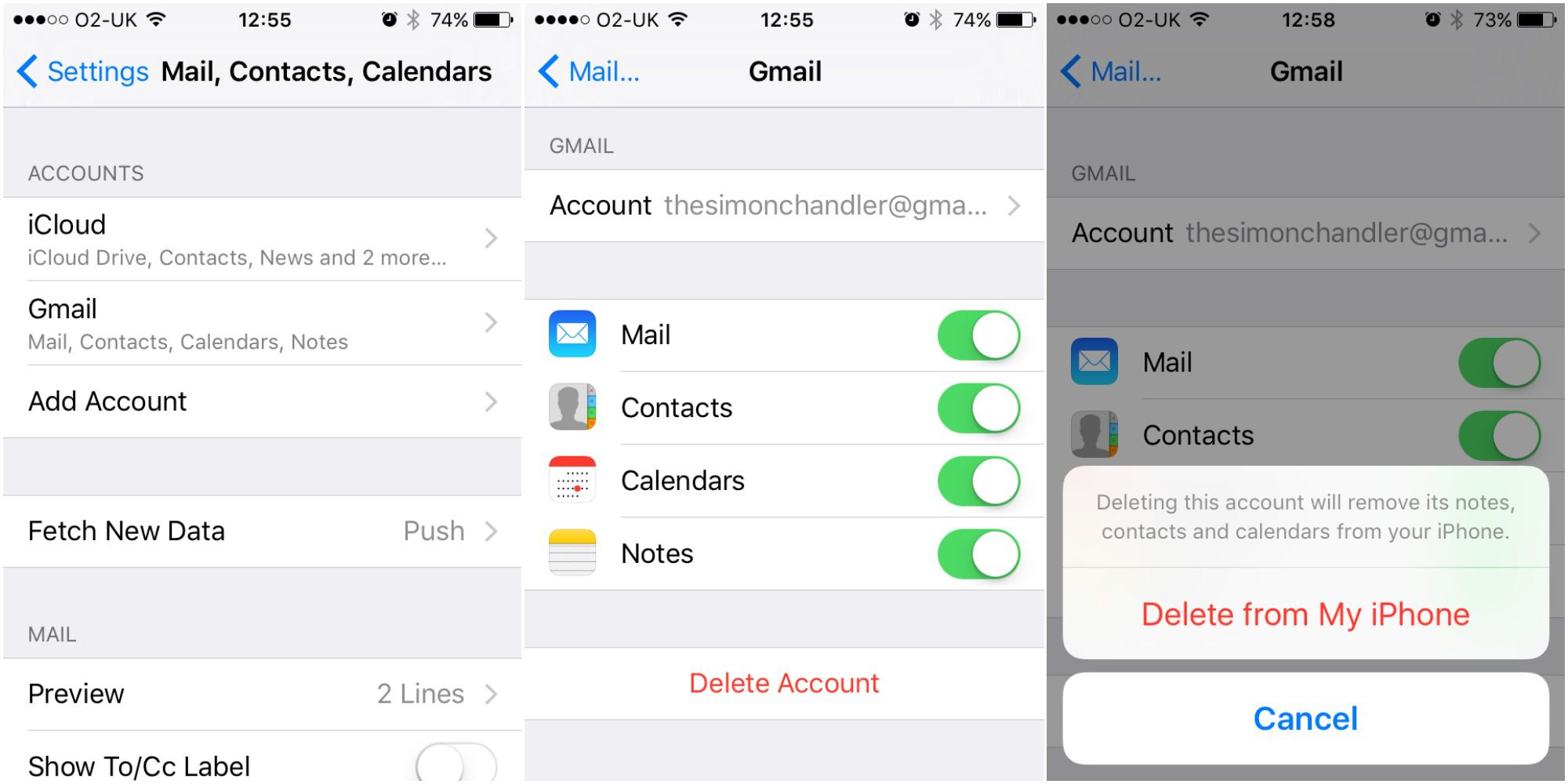 En serie skärmdumpar som visar hur du tar bort Gmail-konto på en iPhone