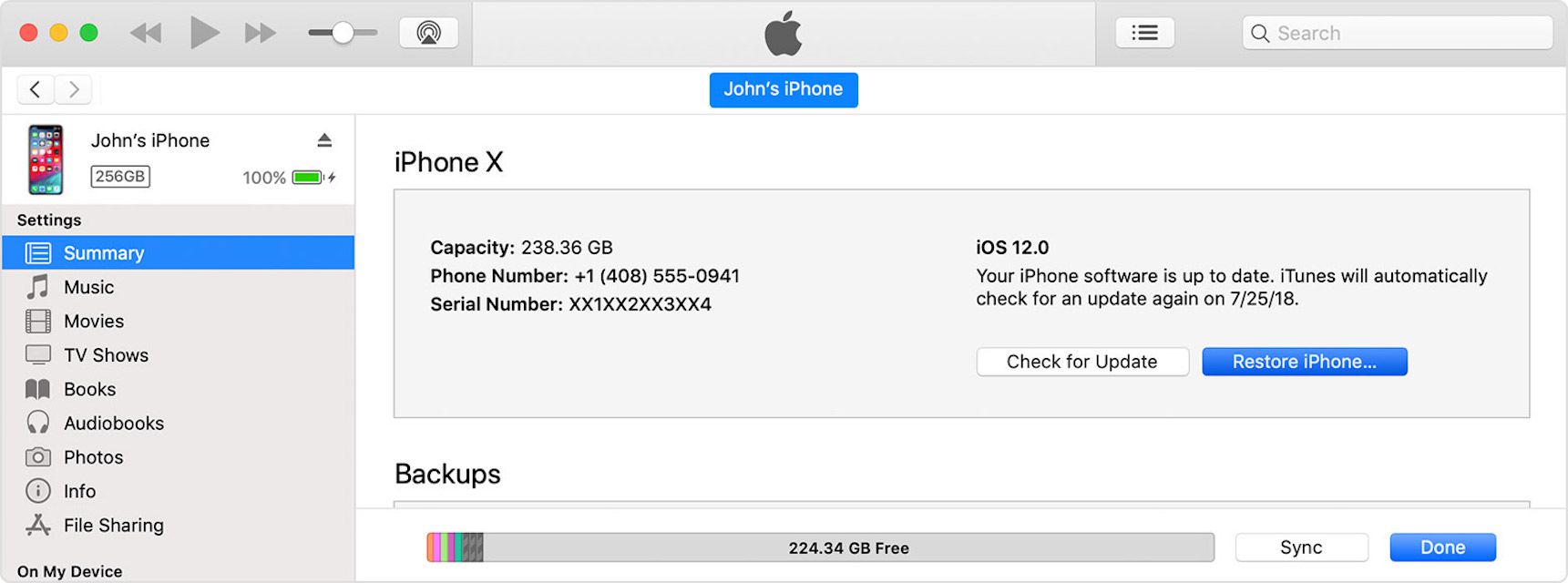 En skärmdump för att återställa en iPhone inifrån iTunes