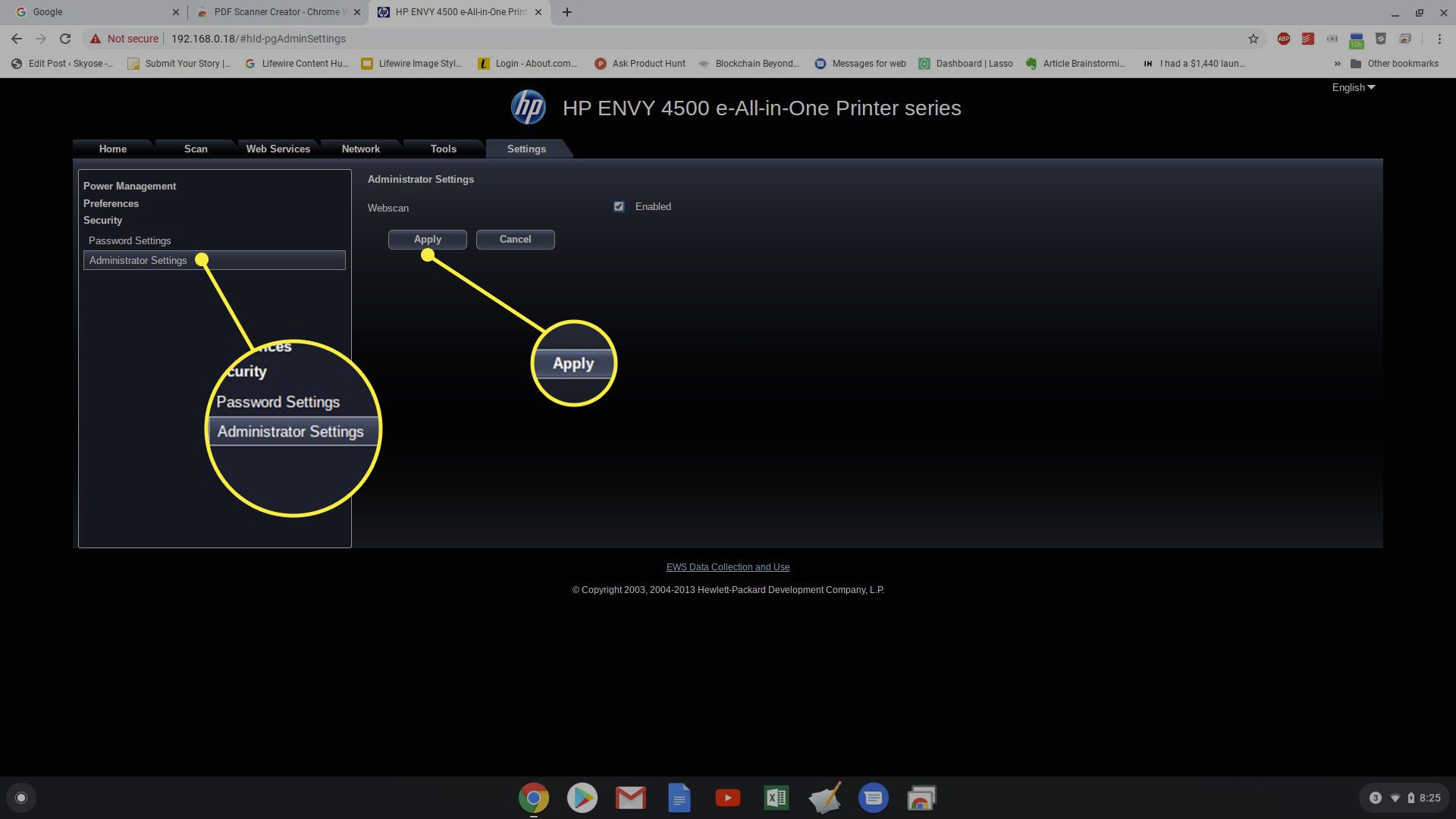 Skärmdump för att aktivera Webscan på HP-skrivare