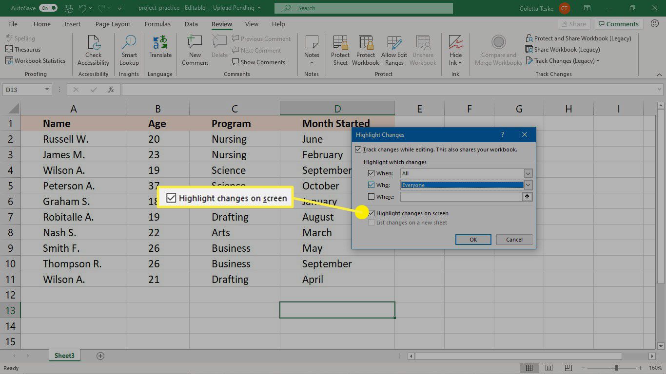 Markera ändringarna som ska spåras i ett Excel-kalkylblad