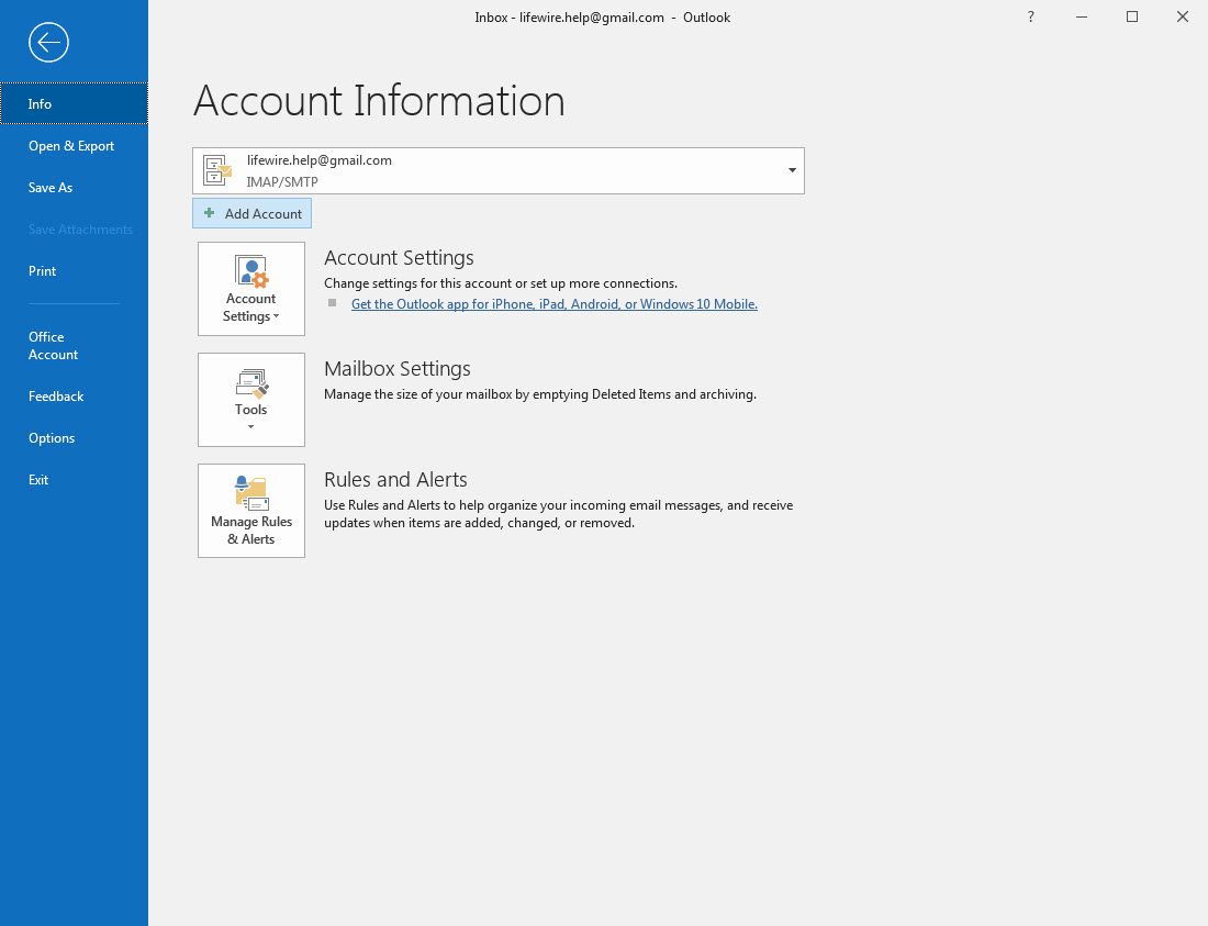 Kontoinformationsskärmen för Outlook 2016 med knappen Lägg till konto