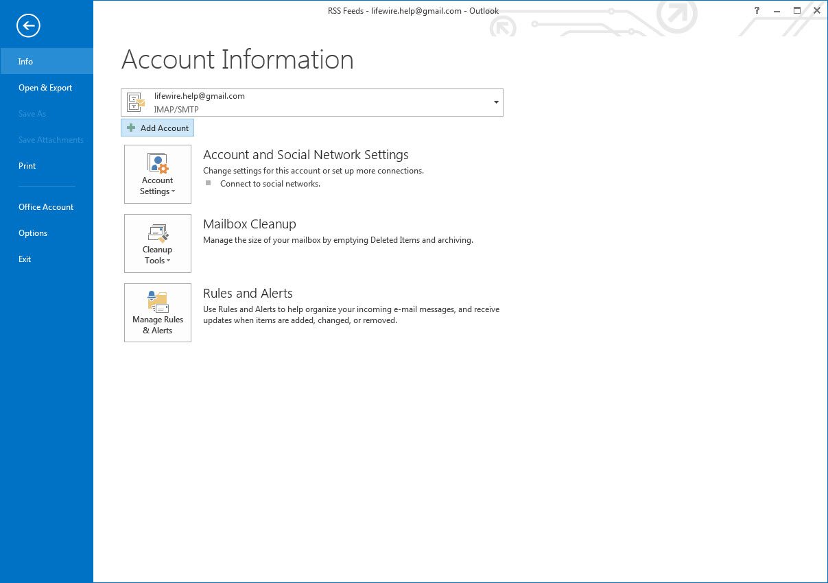 Skärmen Kontoinformation för Outlook 2013 och knappen Lägg till konto