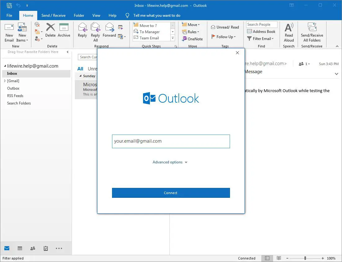 Outlook 2016 lägg till kontoskärm med e-postfält
