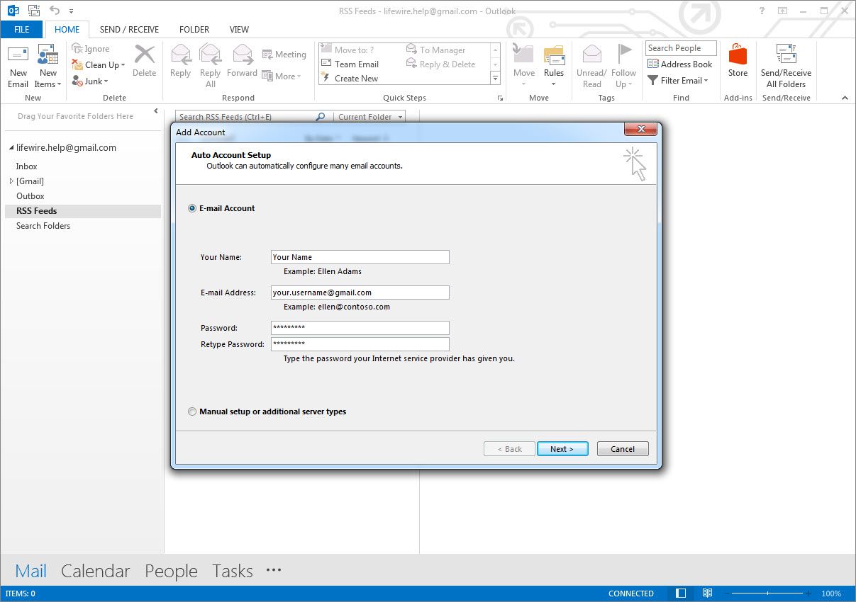 Skärmbild för automatisk inställning av Outlook 2013