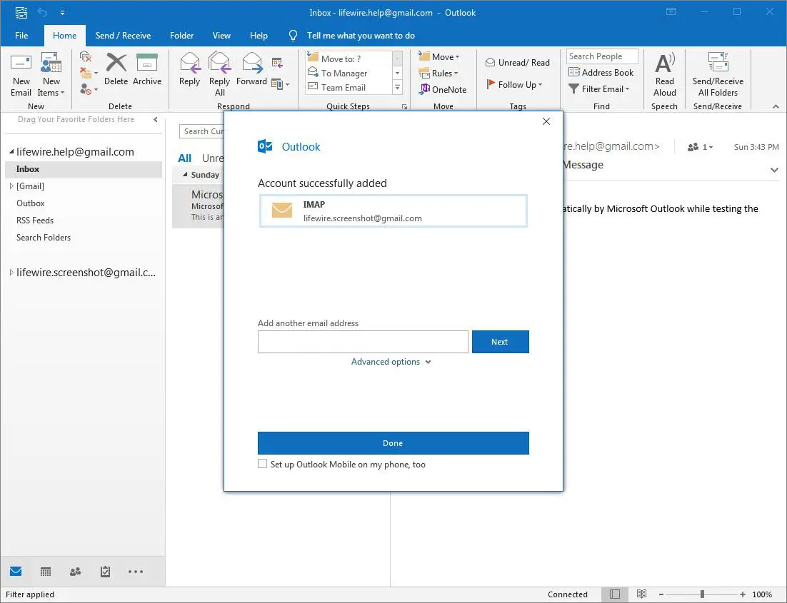 Outlook 2016-konto har lagts till skärmen