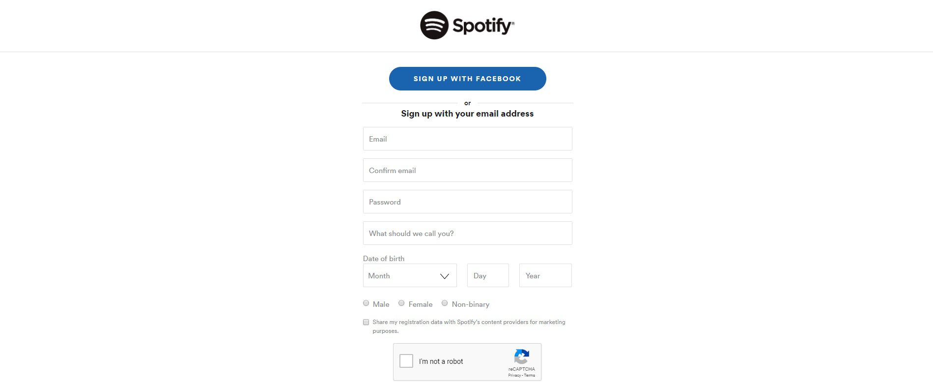 Skärmdump av registreringssidan för Spotify