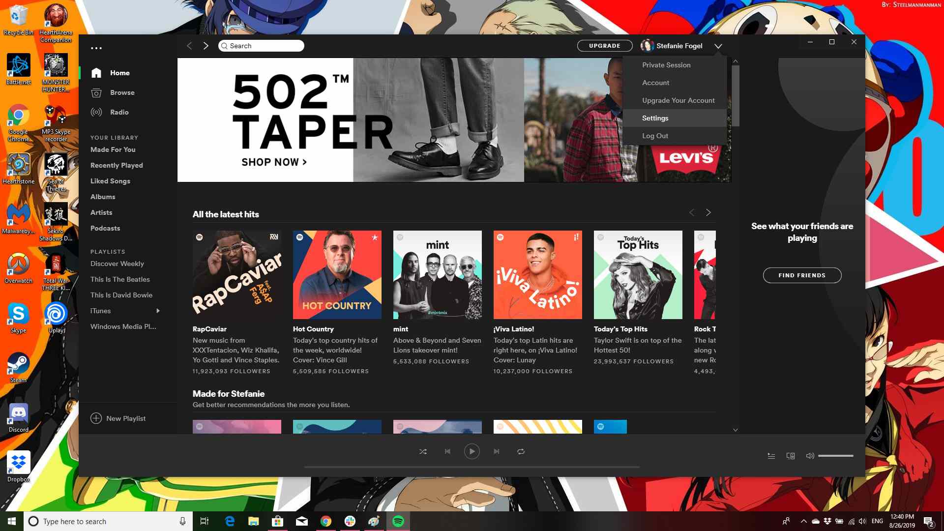 Skärmdump av Spotify-skrivbordsappen med Inställningar markerade