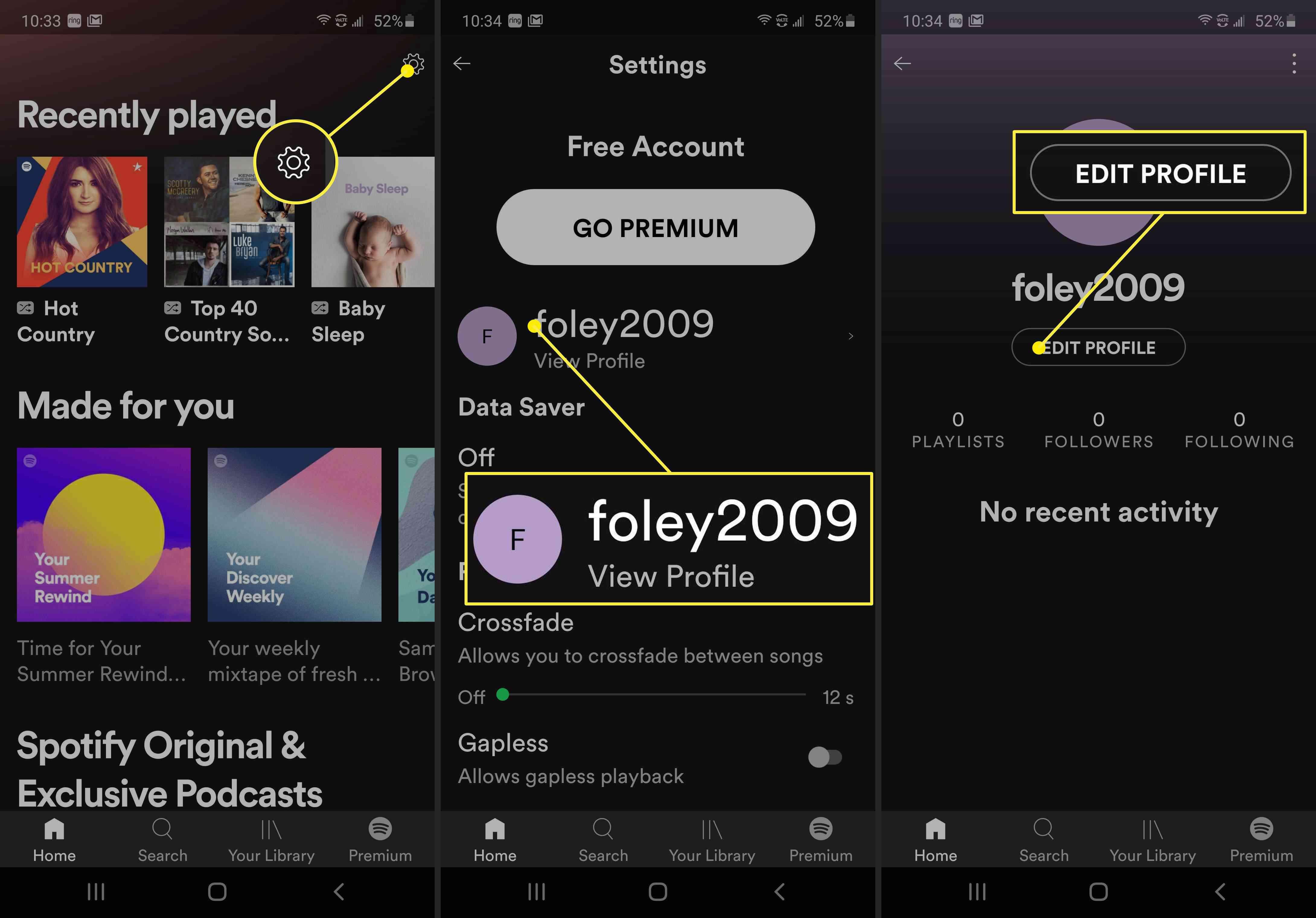 Skärmbilder som illustrerar hur man redigerar en profil i Spotify.