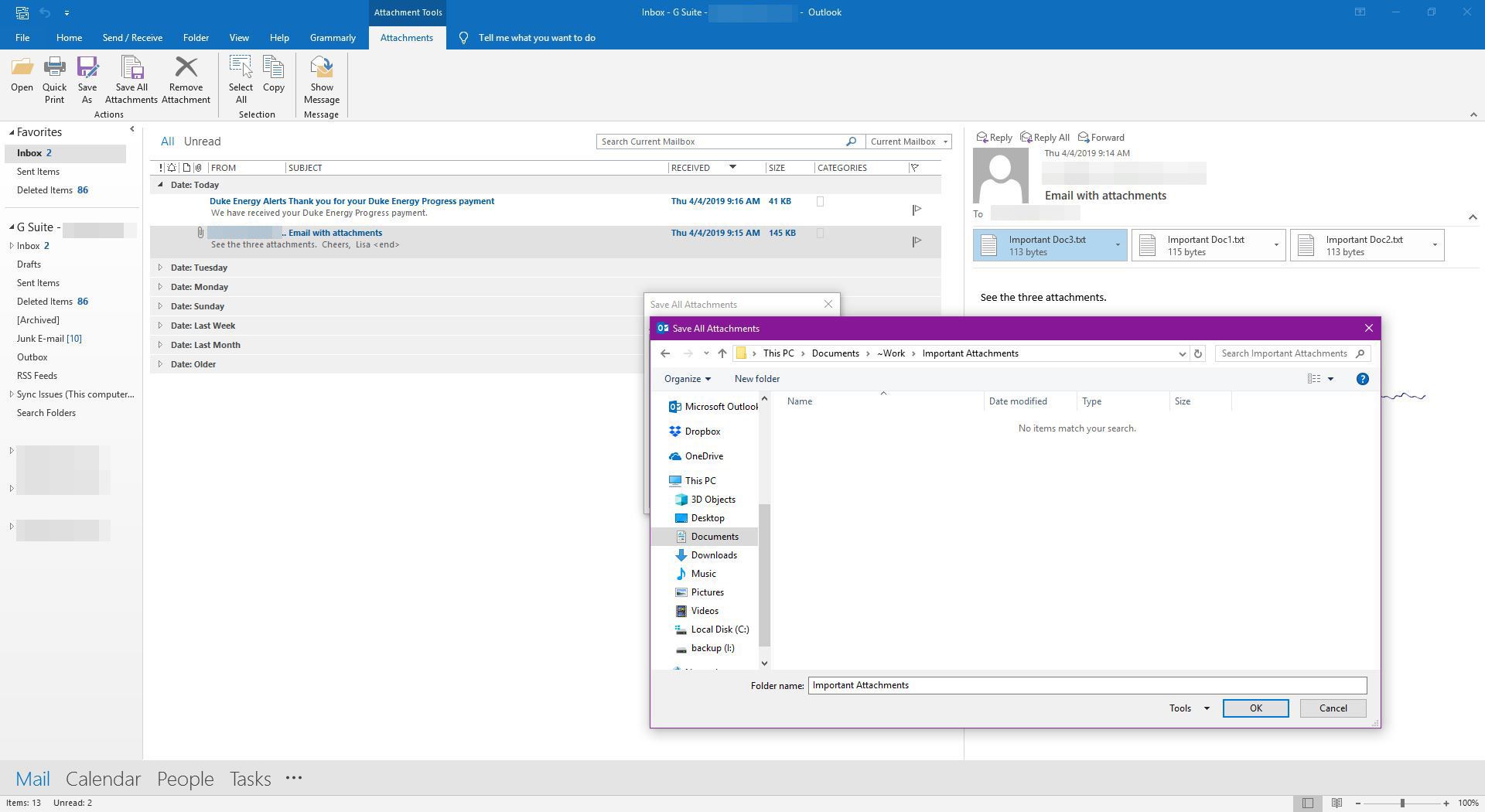 Bläddrar igenom mappar för att spara e-postbilagor i Outlook.