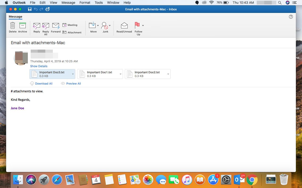 Ett öppet e-postmeddelande i Outlook för Mac.