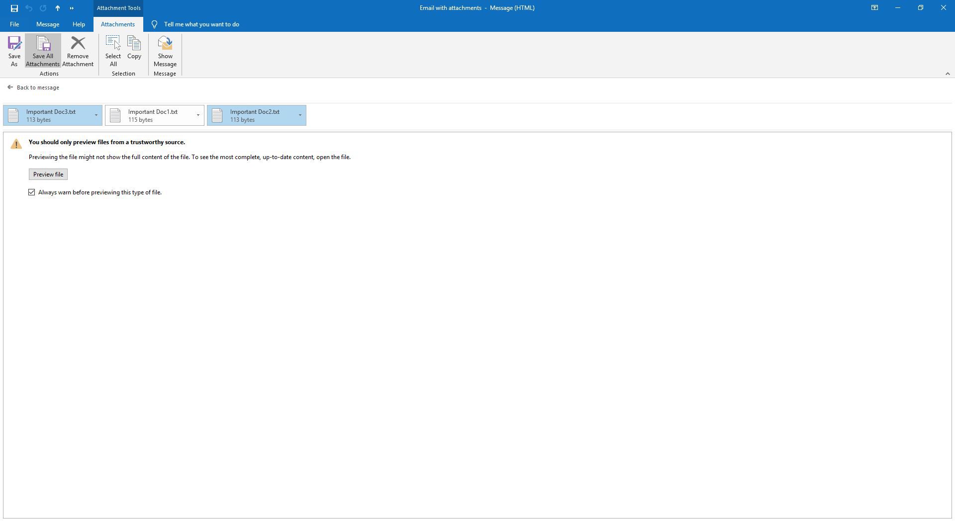 Två valda e-postbilagor i Outlook.
