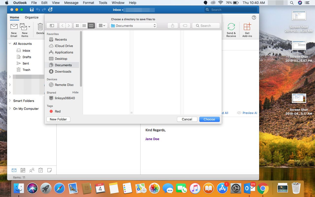 Välja var du vill spara e-postbilagor i Outlook för Mac.
