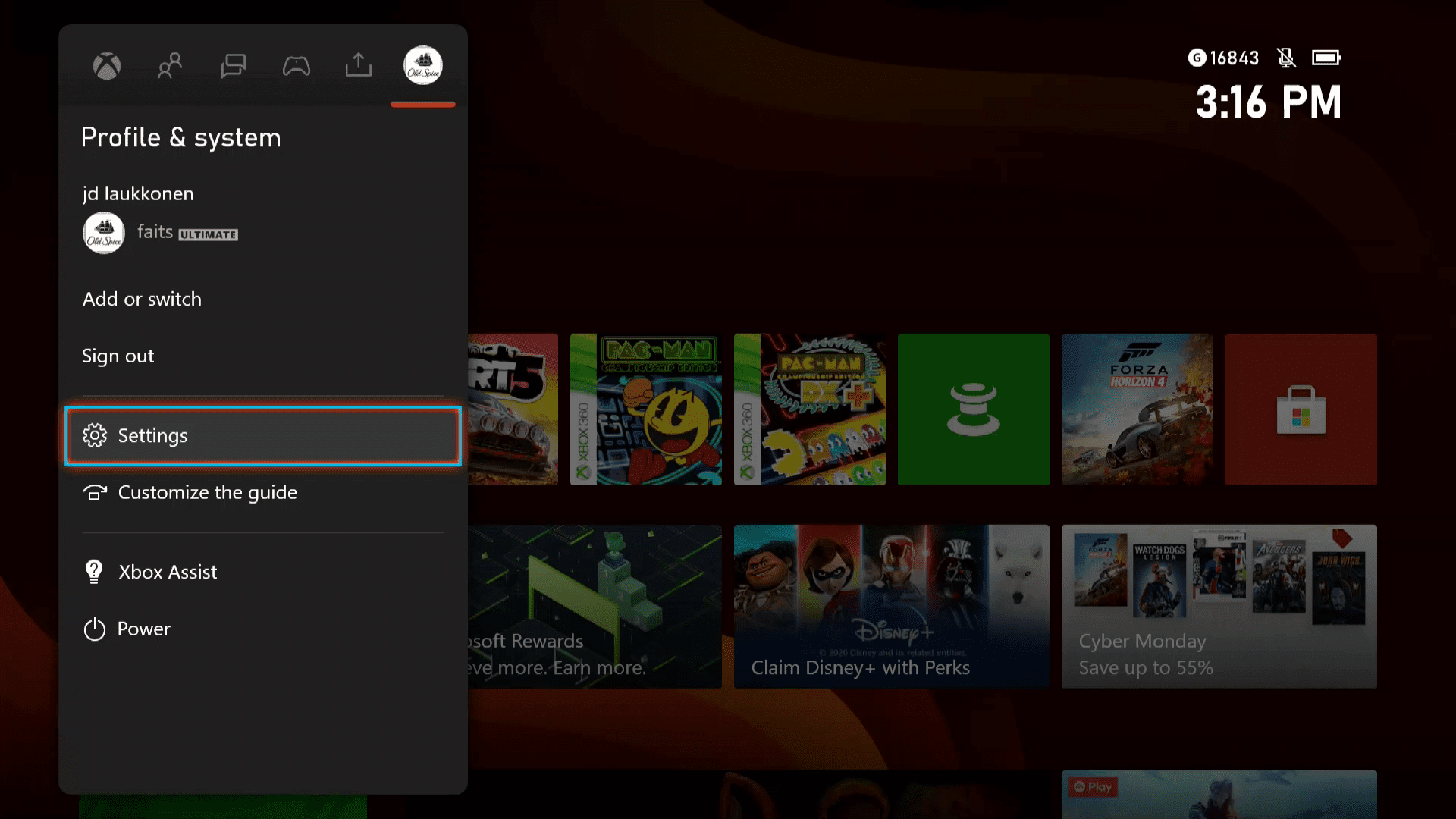 Profil och system på Xbox Series X | S med berättaren på.