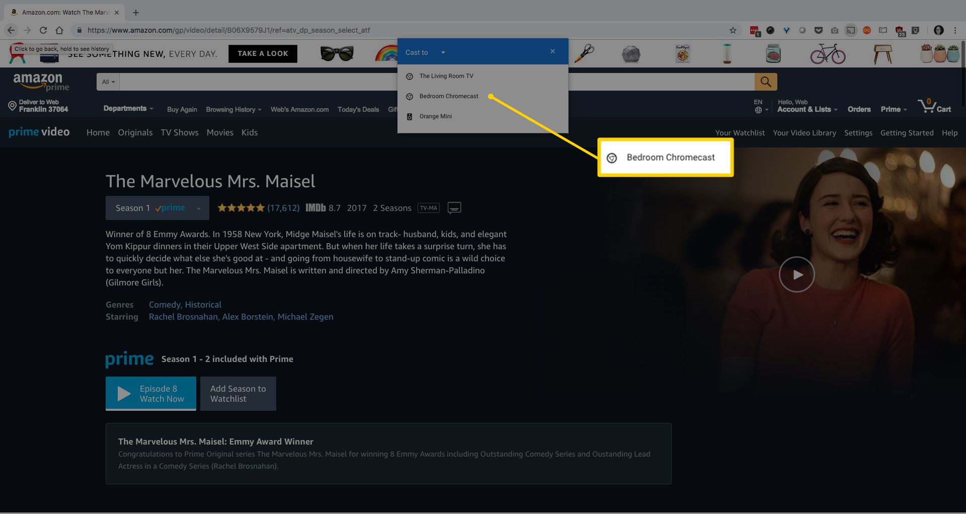 Skärmdump av sovrummet Chromecast-alternativ i Cast till menyn i Chrome