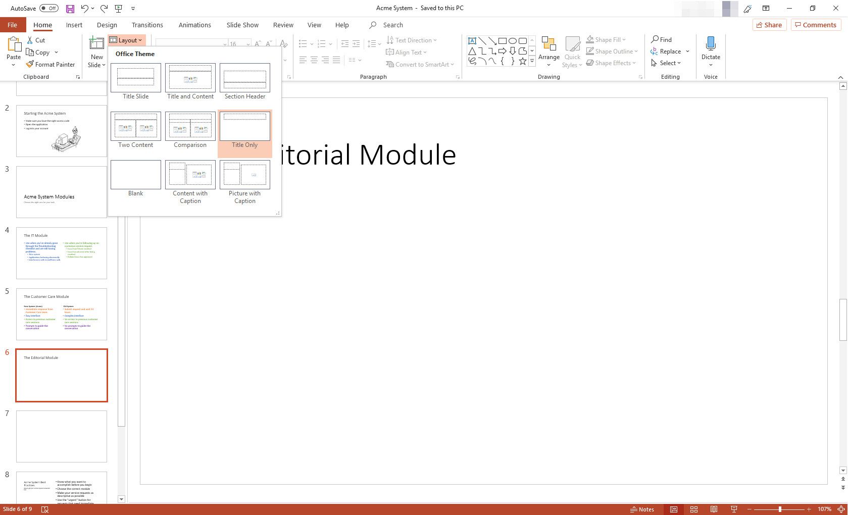 MS PowerPoint-presentation med layoutalternativ visas