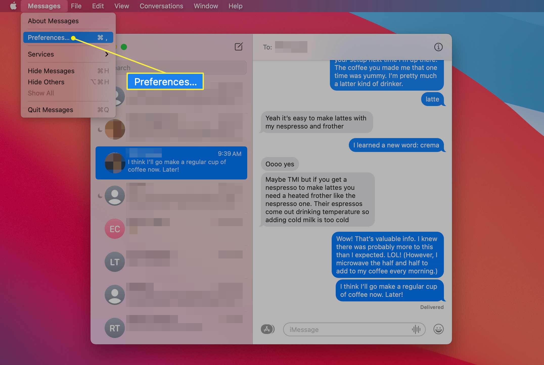 Mac Messages-app som visar alternativet Inställningar