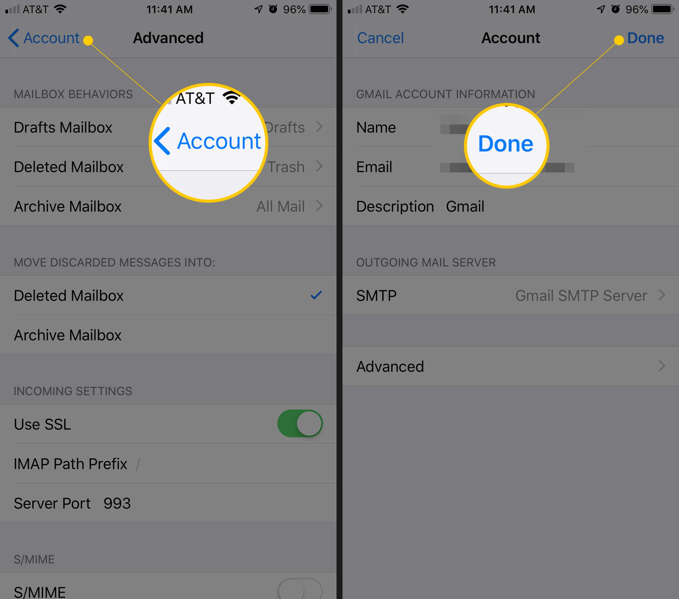 Två iOS-skärmar som visar knapparna Konto och Klar