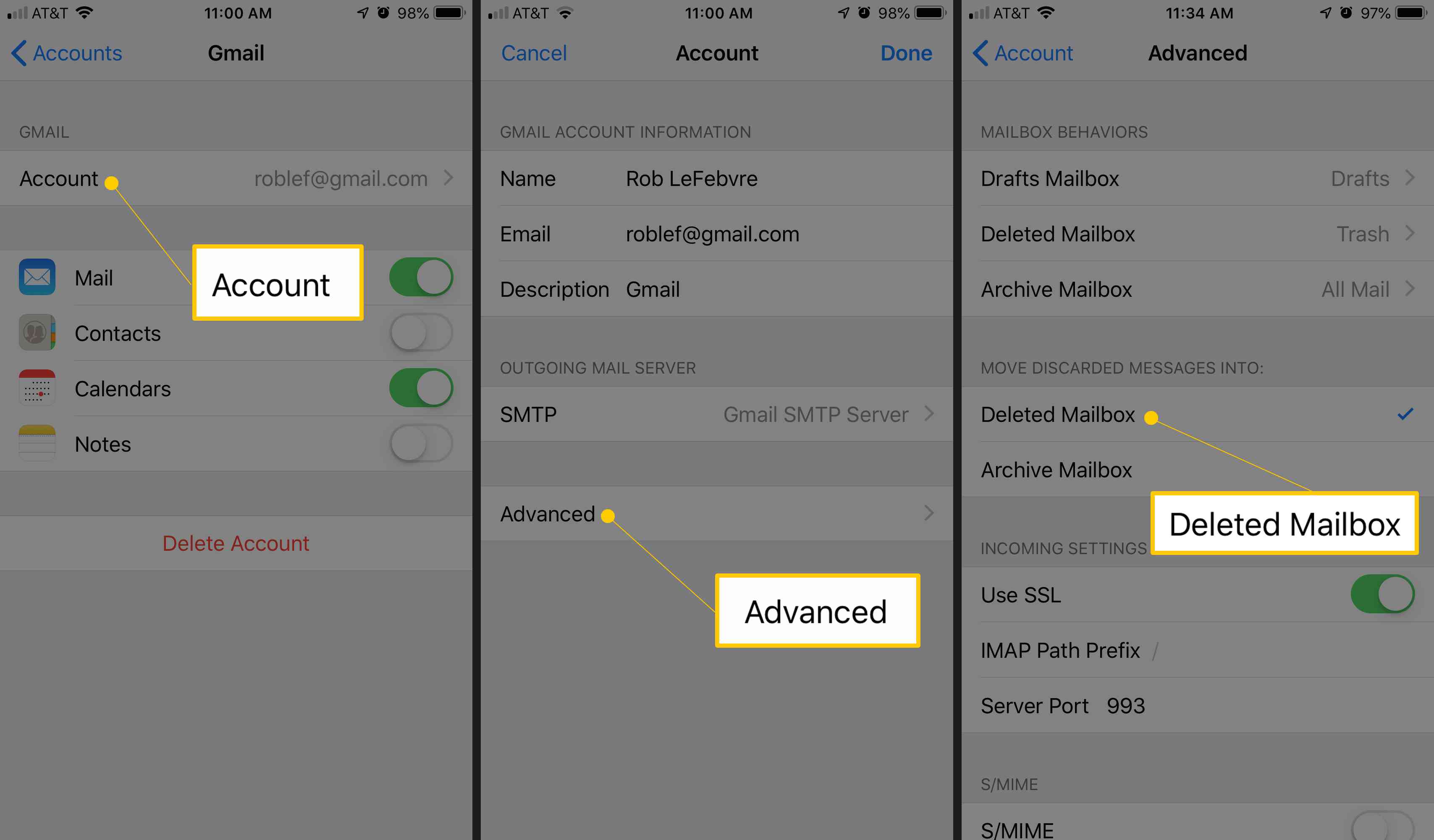 Tre iOS-skärmar som visar knappar för konto, avancerad och borttagen postlåda