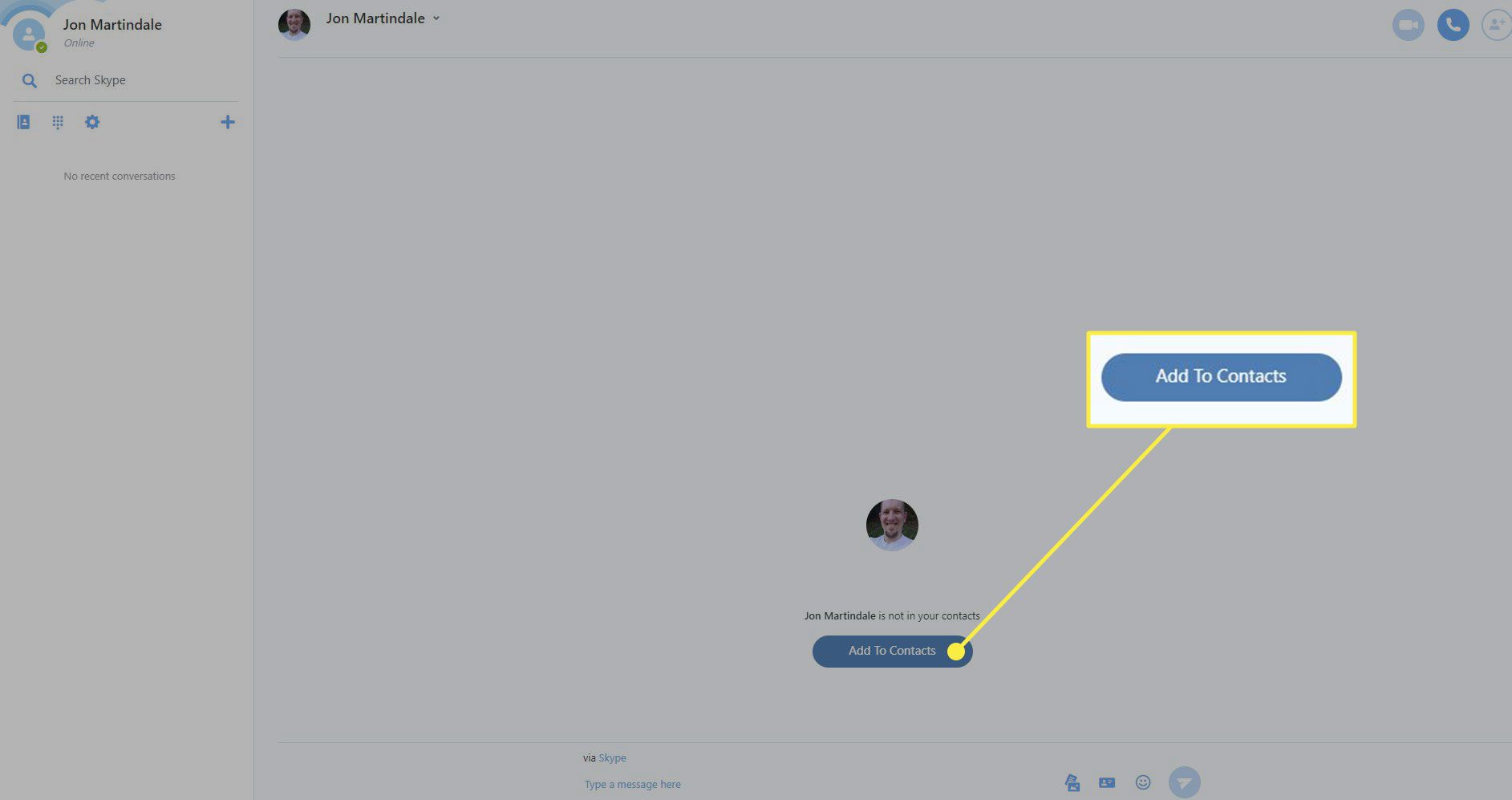 En skärmdump av Skype med knappen Lägg till i kontakter markerad