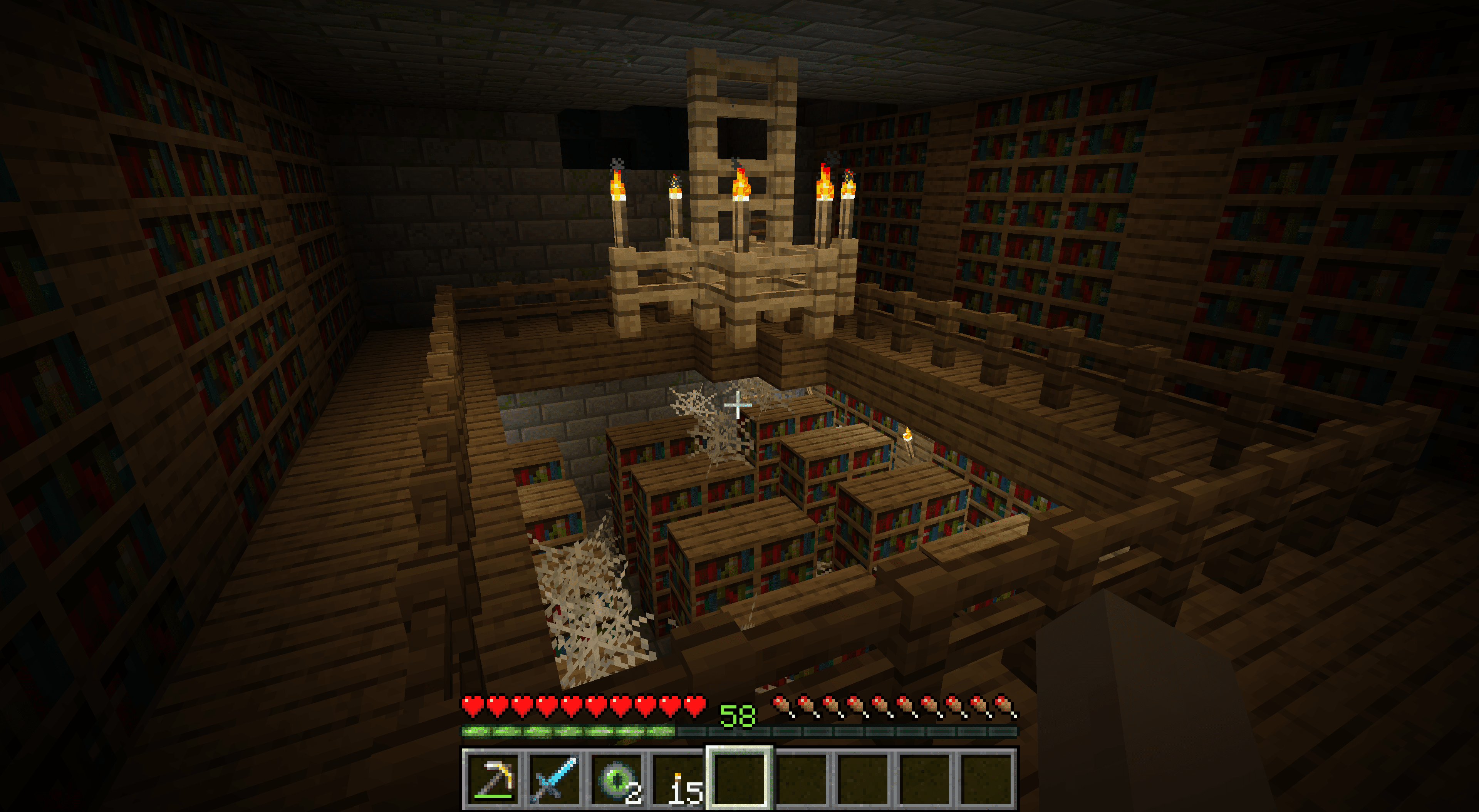 Ett bibliotek i ett fäste i Minecraft.