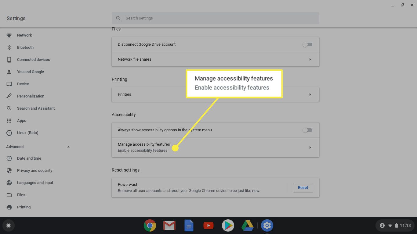 Alternativet "Hantera tillgänglighetsfunktioner" i Chromebook-inställningar