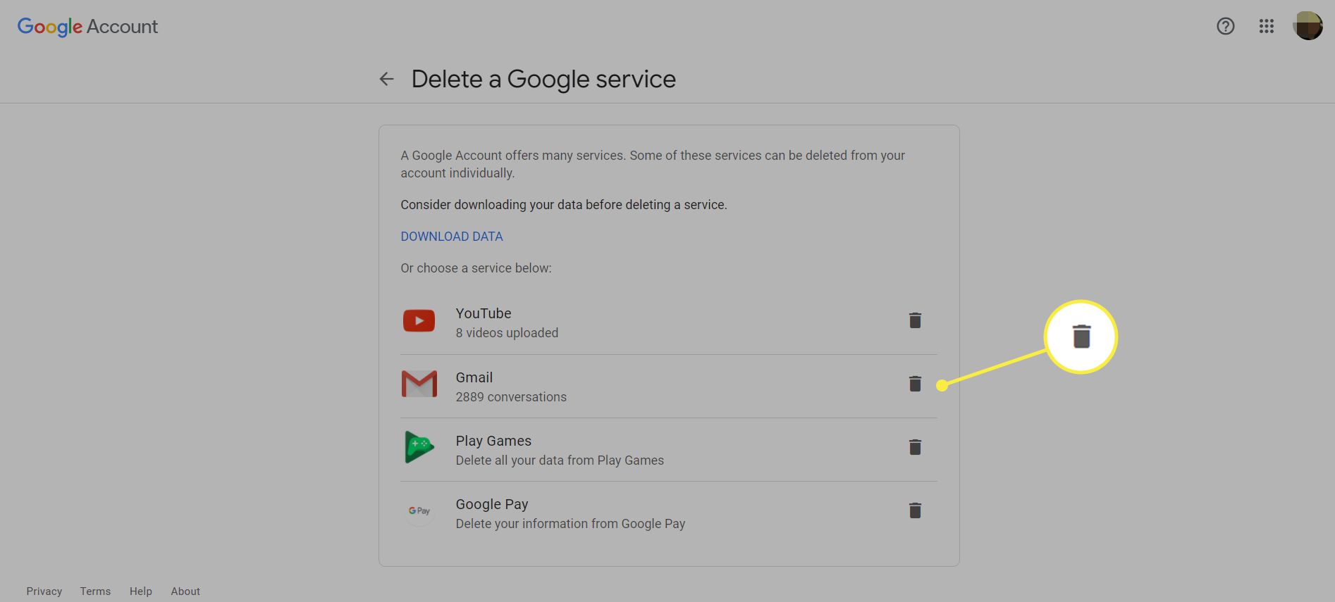 Ta bort en Googles tjänstesida med papperskorgen ikonen markerad bredvid Gmail