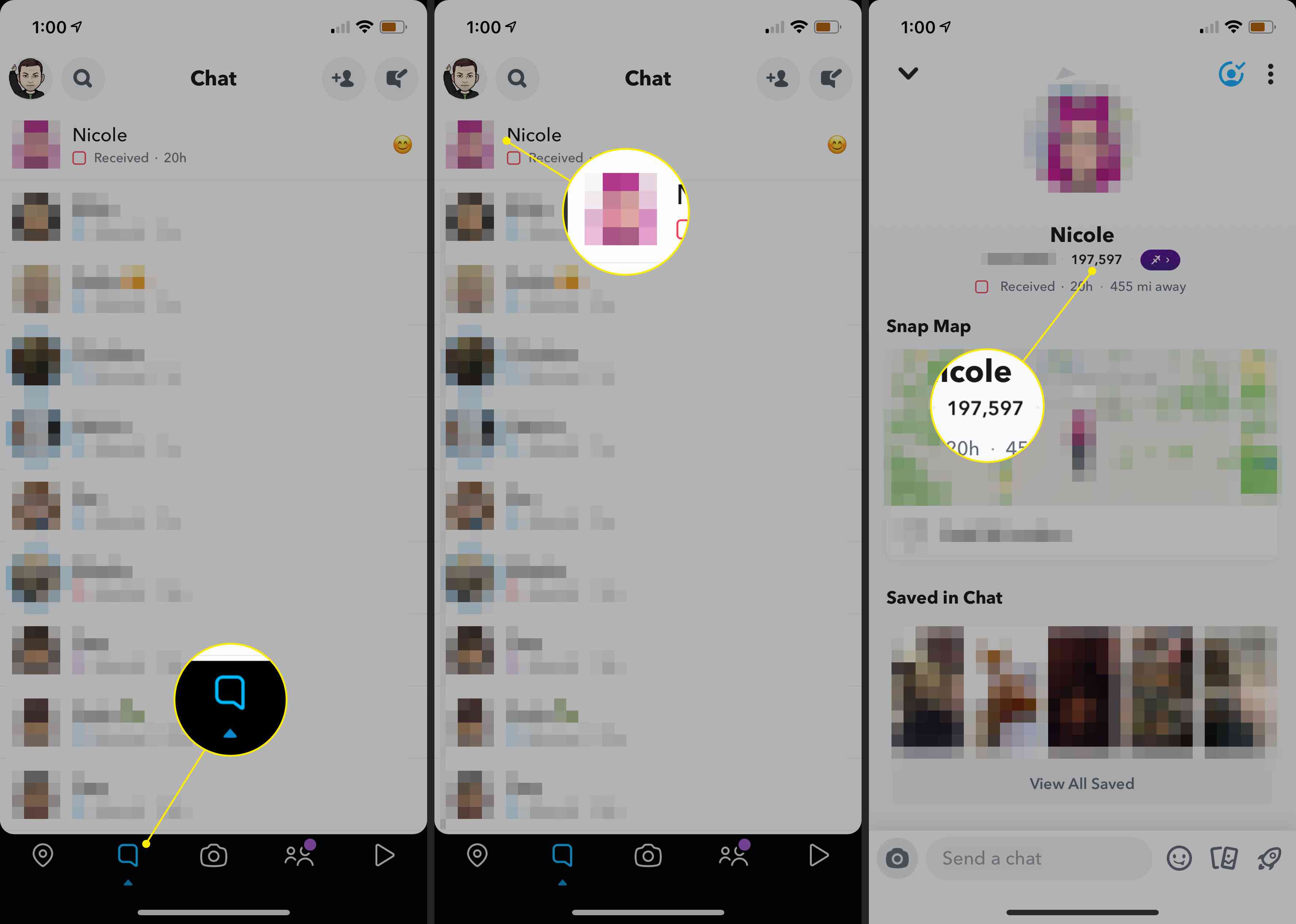 Fliken Konversationer, en användarbild och deras Snapchat-poäng i Snapchat-appen